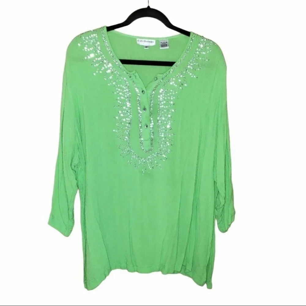 C.D. Daniels 1X Plus-size‎ green + rhinestone embellished bohemian tunic